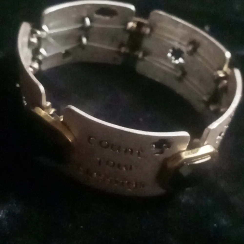 Silver Inspirational Expandable Bracelet with Black & Gold Accents Gems.